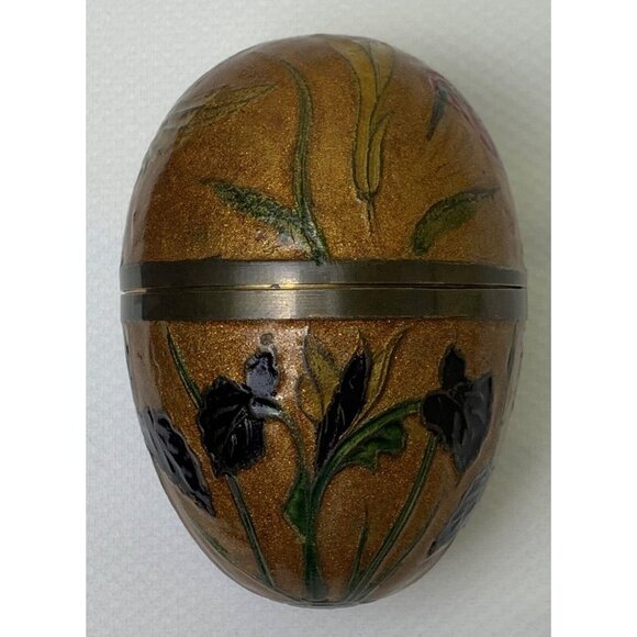 Vintage Brass Enamel Egg Cloisonne Trinket Box With Stand Hummingbird Flowers - Picture 15 of 16